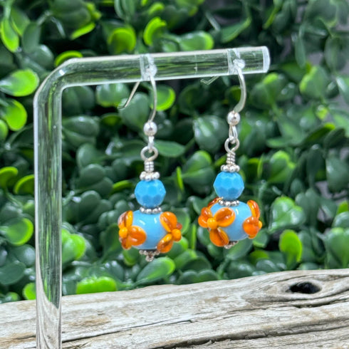 Turquoise and Apricot Flower Lampwork Earrings Earrings