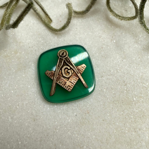 Vintage Masonic Square Compass Emblem Green Onyx Cabochon 12x12mm Pre-1974 Loose Gemstones