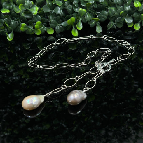 16-Inch Sterling Silver Lariat Necklace with Dual Baroque Pearls - Light Purple and Cream with Iridescent Nacre Necklaces