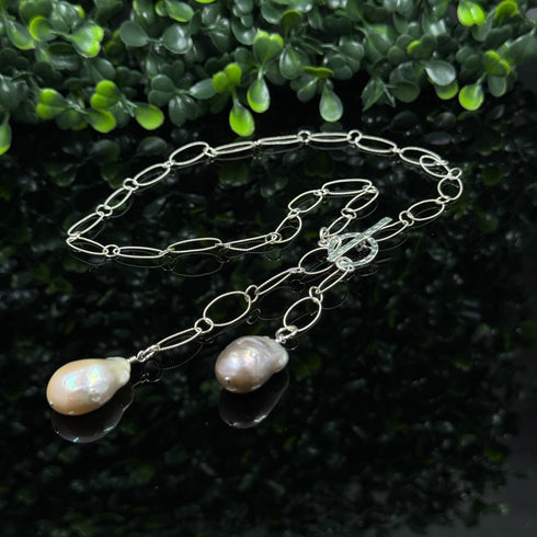 16-Inch Sterling Silver Lariat Necklace with Dual Baroque Pearls - Light Purple and Cream with Iridescent Nacre Necklaces