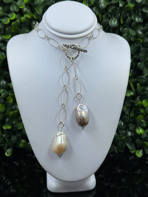 16-Inch Sterling Silver Lariat Necklace with Dual Baroque Pearls - Light Purple and Cream with Iridescent Nacre Necklaces
