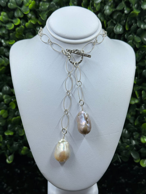 16-Inch Sterling Silver Lariat Necklace with Dual Baroque Pearls - Light Purple and Cream with Iridescent Nacre Necklaces