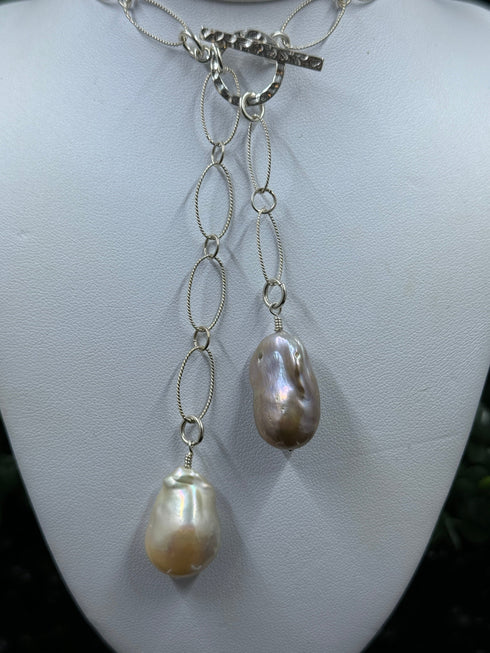 16-Inch Sterling Silver Lariat Necklace with Dual Baroque Pearls - Light Purple and Cream with Iridescent Nacre Necklaces