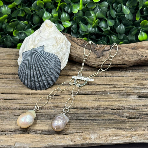 16-Inch Sterling Silver Lariat Necklace with Dual Baroque Pearls - Light Purple and Cream with Iridescent Nacre Necklaces