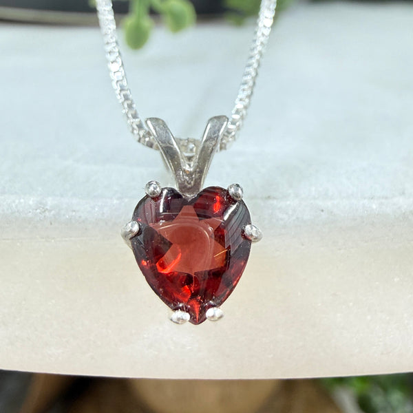 Natural Garnet Buff Top Faceted 7mm Heart Pendant Sterling Silver Necklace Necklaces