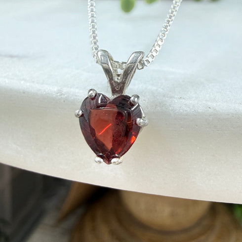Natural Garnet Buff Top Faceted 7mm Heart Pendant Sterling Silver Necklace Necklaces