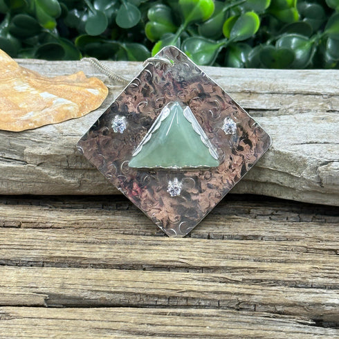 Prehnite and Cubic Zirconia Hammered Sterling Silver Pendant Necklaces