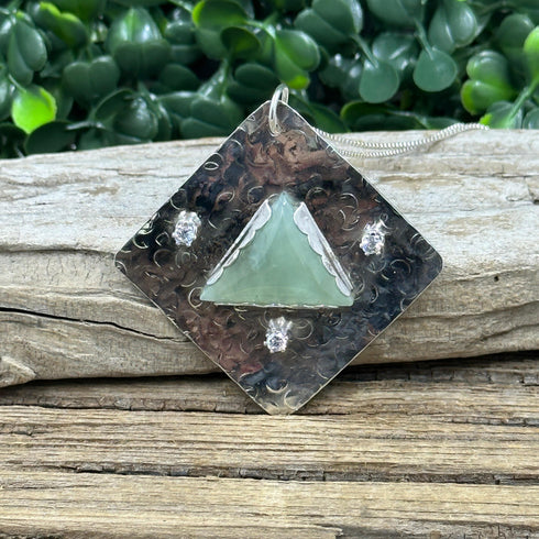 Prehnite and Cubic Zirconia Hammered Sterling Silver Pendant Necklaces