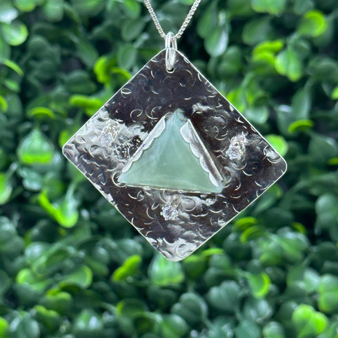 Prehnite and Cubic Zirconia Hammered Sterling Silver Pendant Necklaces