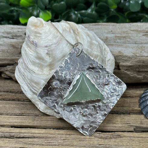 Prehnite and Cubic Zirconia Hammered Sterling Silver Pendant Necklaces