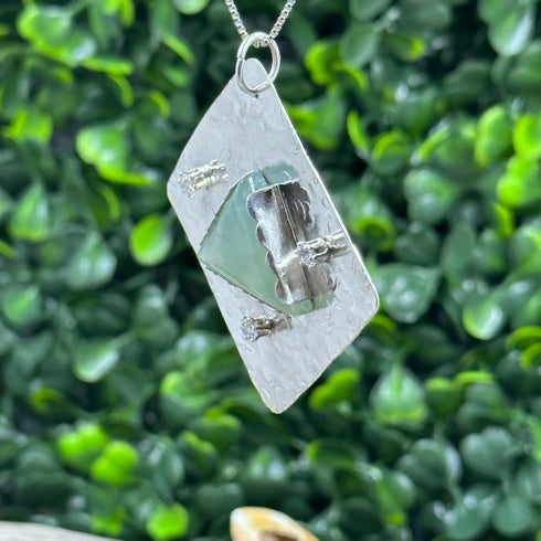 Prehnite and Cubic Zirconia Hammered Sterling Silver Pendant Necklaces
