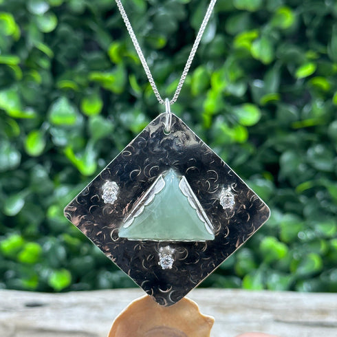 Prehnite and Cubic Zirconia Hammered Sterling Silver Pendant Necklaces