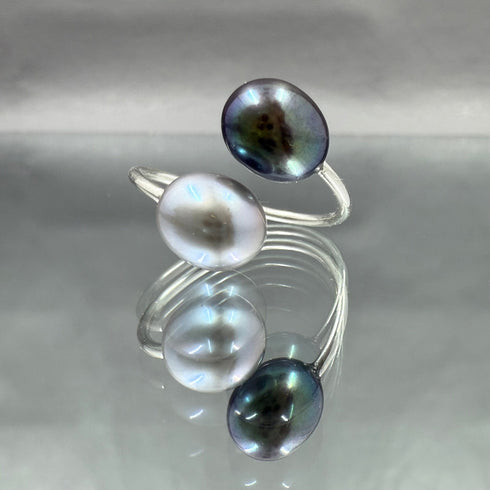 Grey and Peacock Pearl Adjustable Sterling Silver Ring Rings