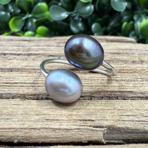 Grey and Peacock Pearl Adjustable Sterling Silver Ring Rings