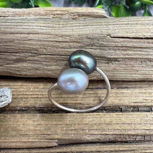 Grey and Peacock Pearl Adjustable Sterling Silver Ring Rings