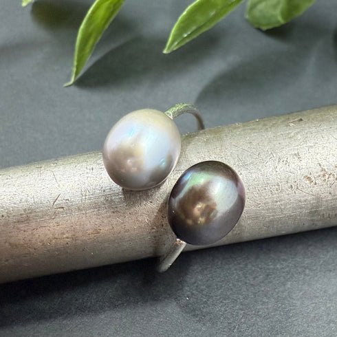 Grey and Peacock Pearl Adjustable Sterling Silver Ring Rings