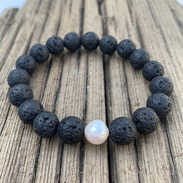 Large Lava Bead and Freshwater Pearl Bracelet Beach Jewelry