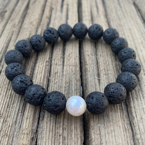 Large Lava Bead and Freshwater Pearl Bracelet Beach Jewelry