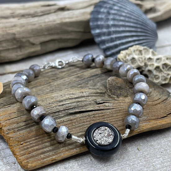 Platinum Coated Druzy in Onyx with Moonstone Bracelet Bracelet