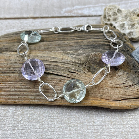 Green Amethyst and Pink Amethyst Coin Bracelet Bracelets