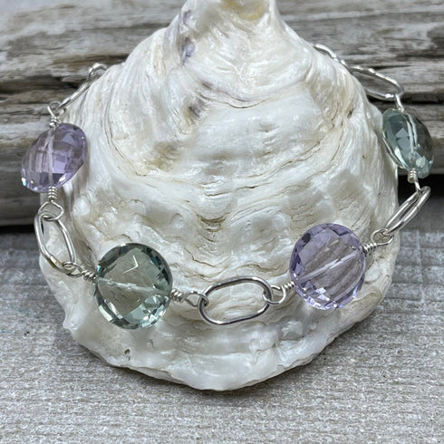 Green Amethyst and Pink Amethyst Coin Bracelet Bracelets
