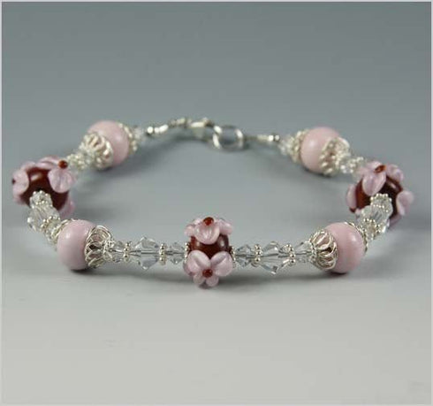 Pink Flower and Maroon Glass Lampwork Bead Bracelet Bracelets
