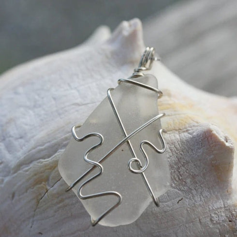 Clear Tumbled Glass Wire Wrapped Necklace Cape May Jewelry