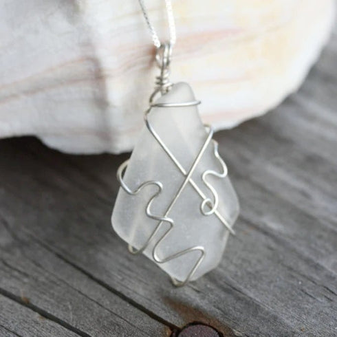 Clear Tumbled Glass Wire Wrapped Necklace Cape May Jewelry