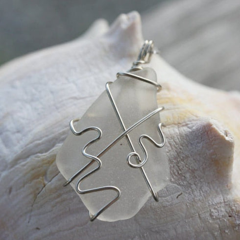 Clear Tumbled Glass Wire Wrapped Necklace Cape May Jewelry