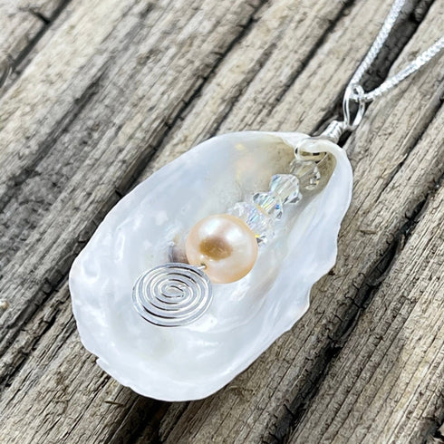 Natural Oyster Shell and Metallic Pearl Necklace Cape May Jewelry