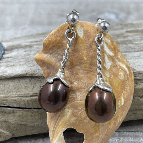 Aubergine Drop Twist Pearl Earrings Earrings