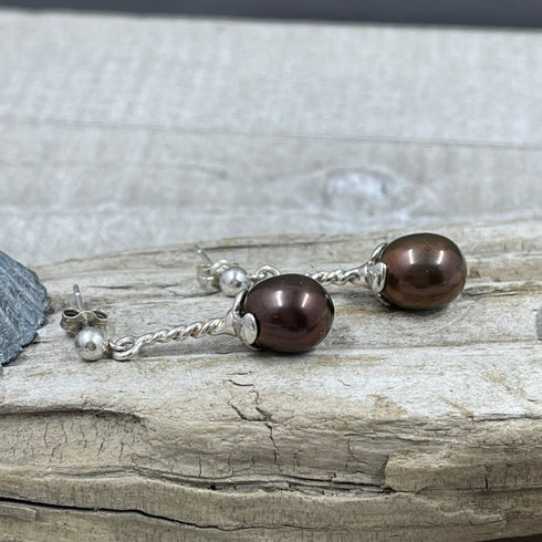 Aubergine Drop Twist Pearl Earrings Earrings