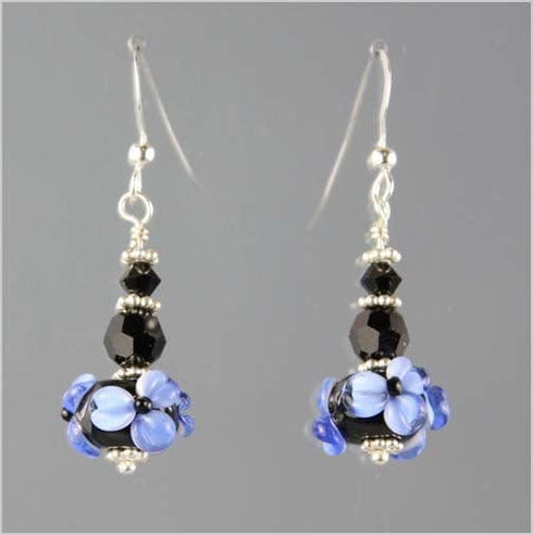 Blue and Black Flower Lampwork Glass Earrings Earrings