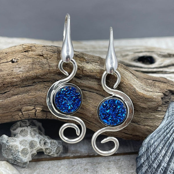 Cobalt Titanium Coated Druzy Swirl Earrings Earrings