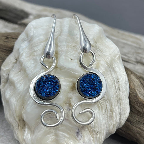 Cobalt Titanium Coated Druzy Swirl Earrings Earrings