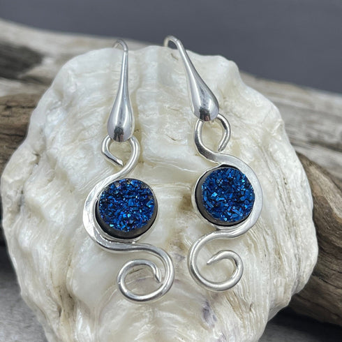 Cobalt Titanium Coated Druzy Swirl Earrings Earrings