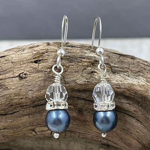 Cultured Black Pearl and Crystal Earrings Earrings