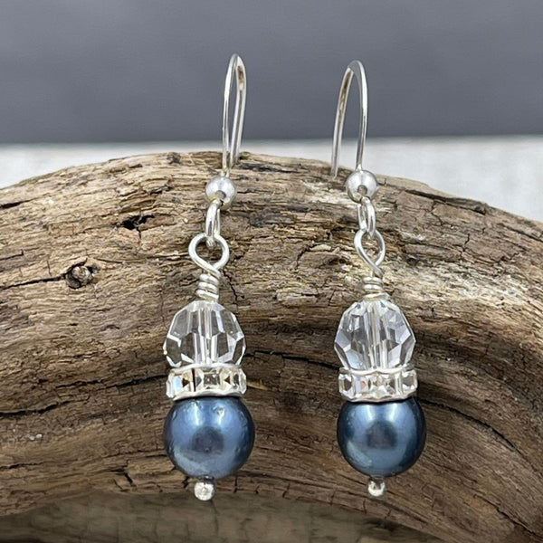 Cultured Black Pearl and Crystal Earrings Earrings