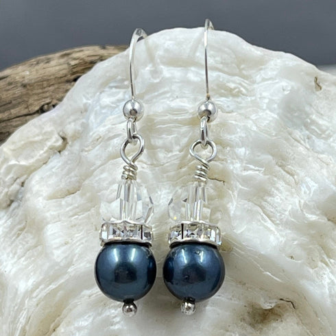 Cultured Black Pearl and Crystal Earrings Earrings