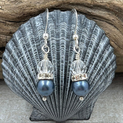 Cultured Black Pearl and Crystal Earrings Earrings