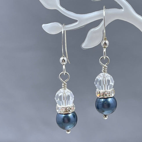 Cultured Black Pearl and Crystal Earrings Earrings