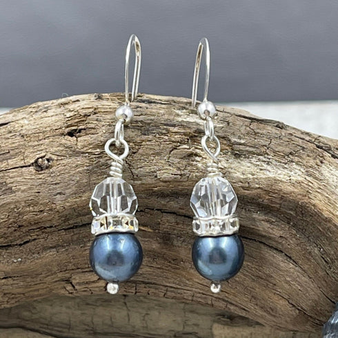 Cultured Black Pearl and Crystal Earrings Earrings