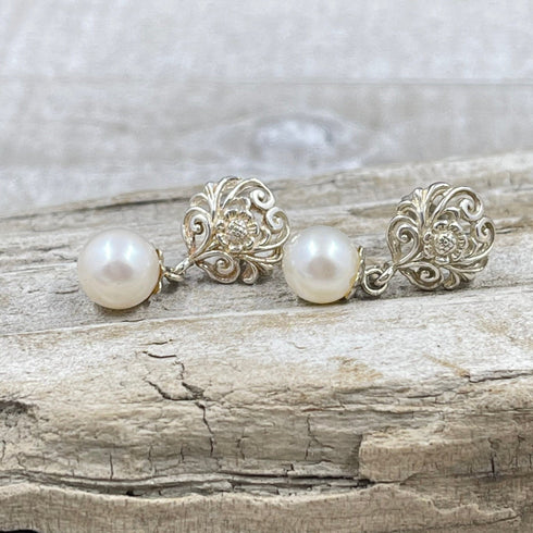 Delicate Scroll Work Freshwater Cultured Pearl Earrings Earrings