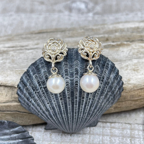 Delicate Scroll Work Freshwater Cultured Pearl Earrings Earrings