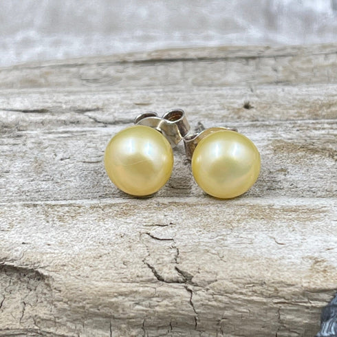 Golden Button Freshwater Cultured Pearl Post Earrings Earrings