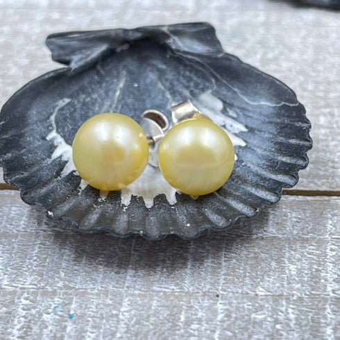 Golden Button Freshwater Cultured Pearl Post Earrings Earrings