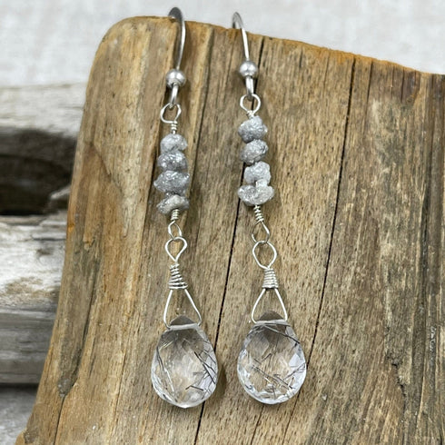 Grey Diamond Nugget and Tourmalated Quartz Earrings Earrings