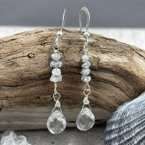 Grey Diamond Nugget and Tourmalated Quartz Earrings Earrings