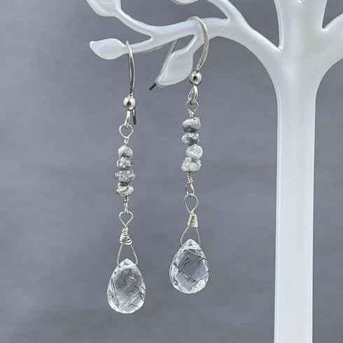 Grey Diamond Nugget and Tourmalated Quartz Earrings Earrings