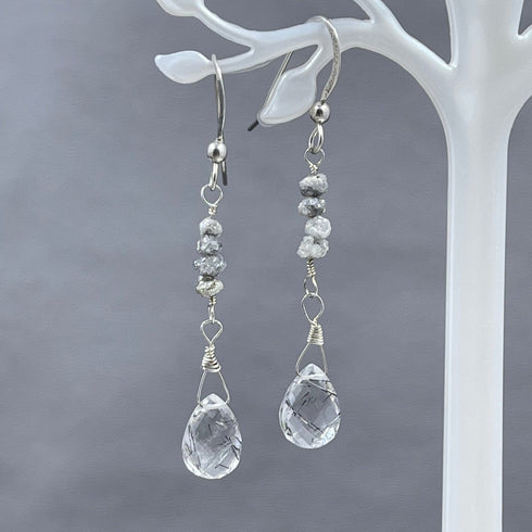 Grey Diamond Nugget and Tourmalated Quartz Earrings Earrings